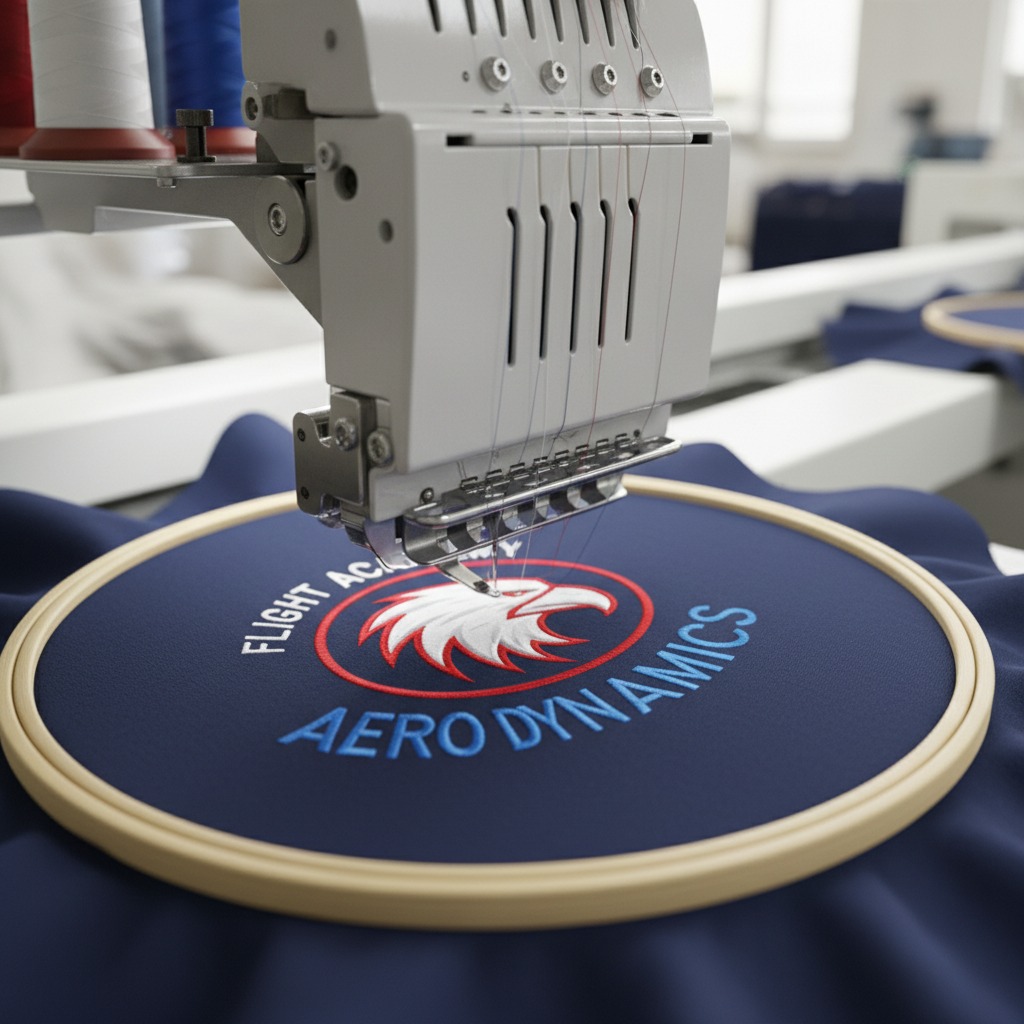 Una macchina da ricamo professionale ricama un logo circolare blu e rosso con un'aquila su un tessuto blu teso in un telaio di legno.